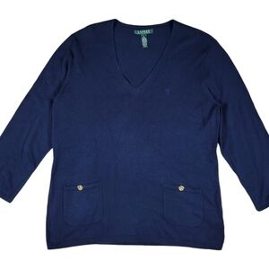 Ralph Lauren Knit Sweater Women XL Navy 3/4 Sleeve Cotton Anchor Button Nautical